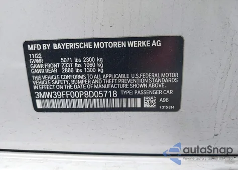 2023 BMW 3 Series 330E z USA, uszkodzony, nr VIN 3MW39FF00P8D05718
